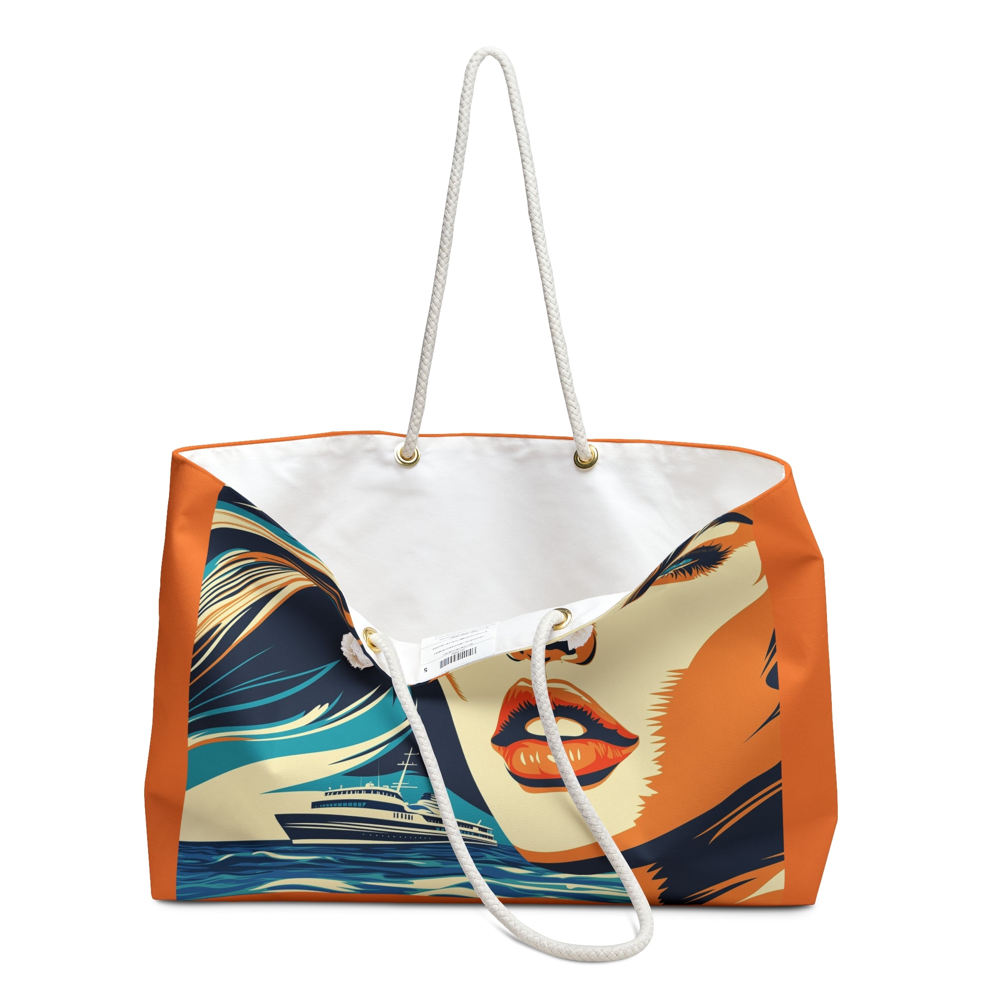 Tote bag with a colorful design of a woman's face and ocean waves on a white background