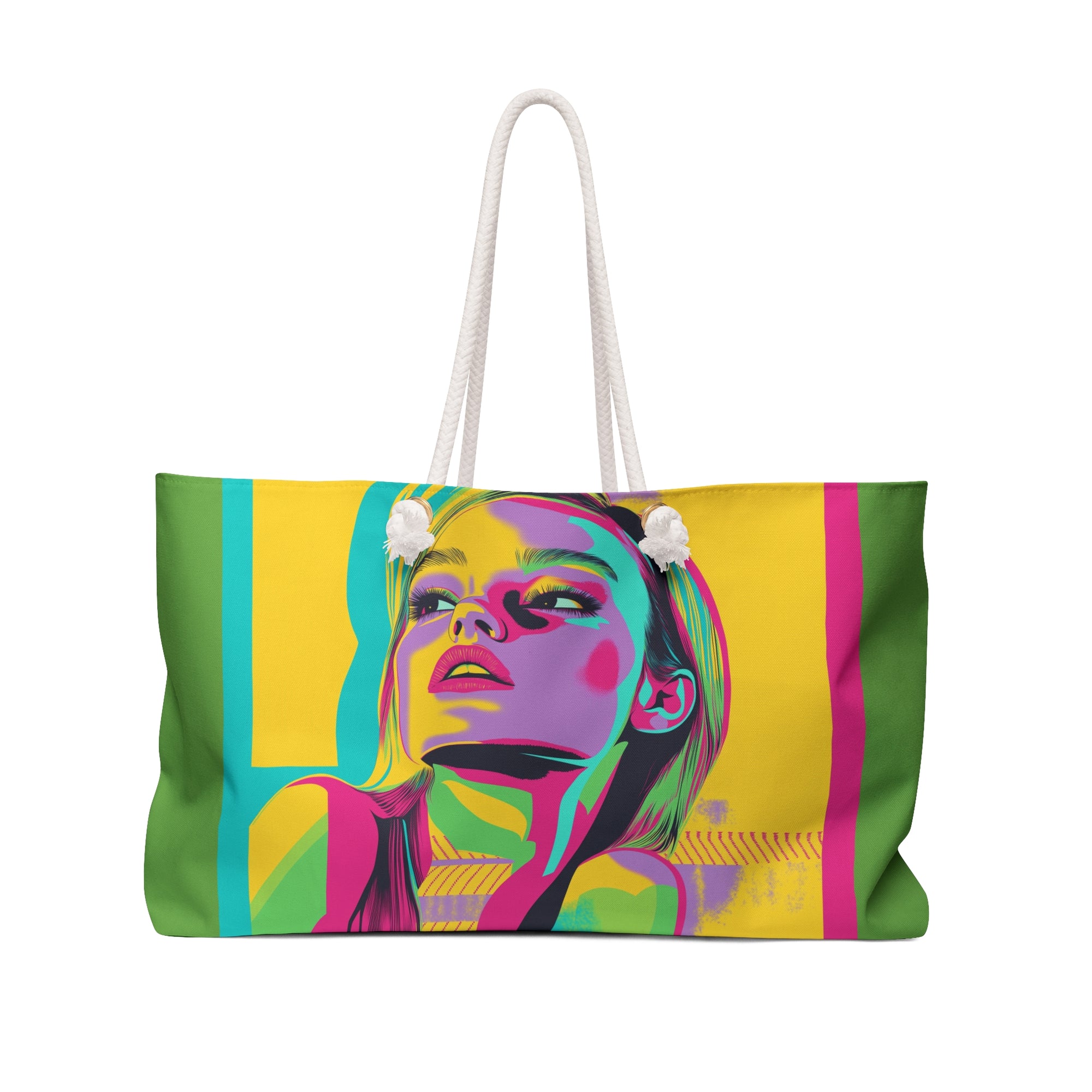 Colorful tote bag with a graphic design of a woman's face on a white background