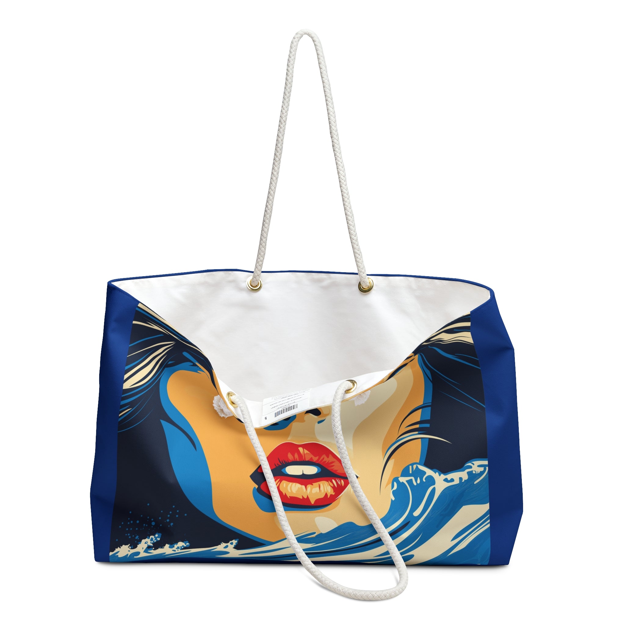 Tote bag with a design of a face with red lips and blue hair on a white background
