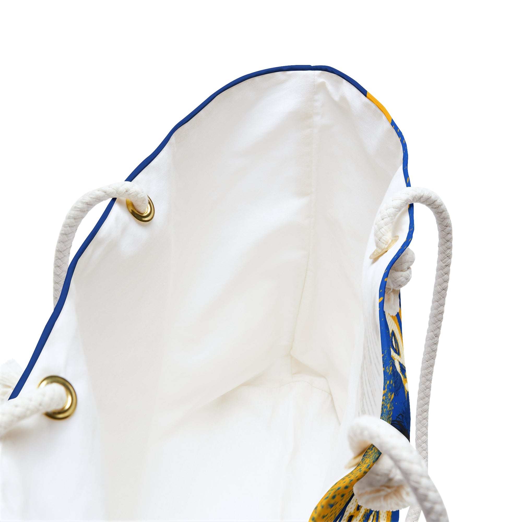 White drawstring bag with blue and gold accents on a white background