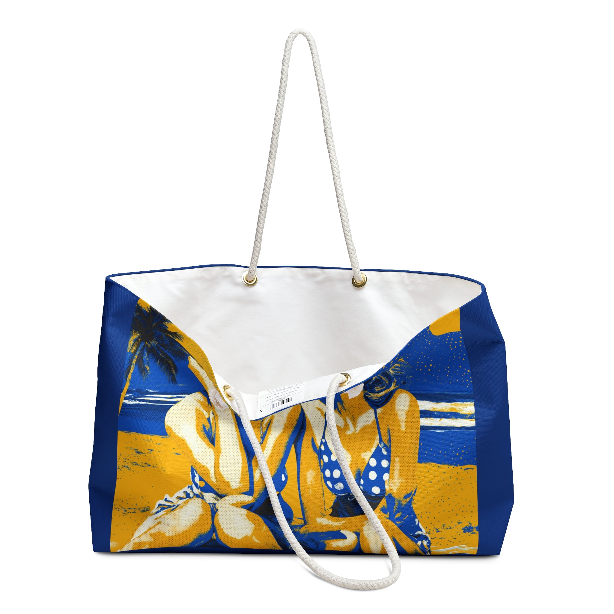 Tote bag with beach scene design on a white background