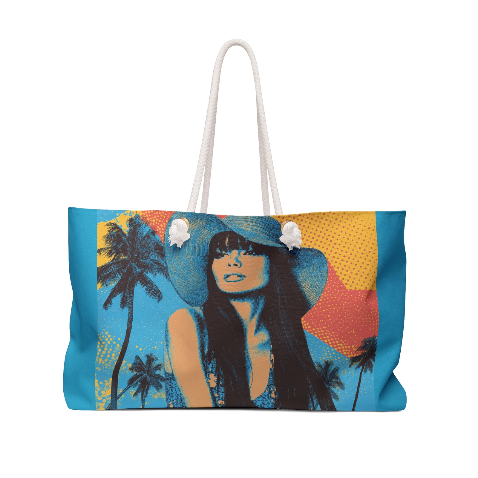 Tote bag with a colorful design of a woman, palm trees, and abstract shapes on a white background.