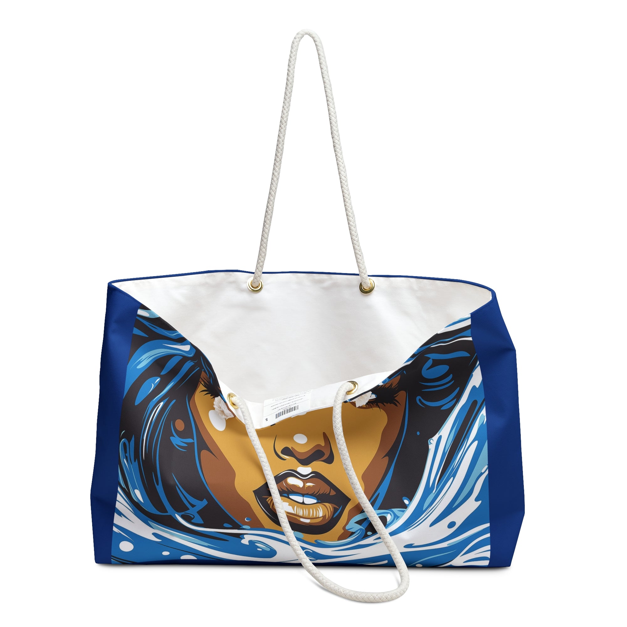 Tote bag with artistic design of a face on a white background