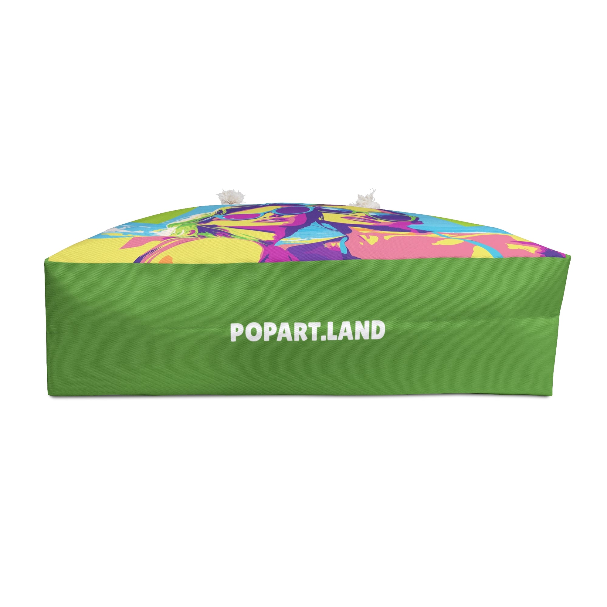 Green inflatable pool with colorful top and 'POPART.LAND' branding on a white background