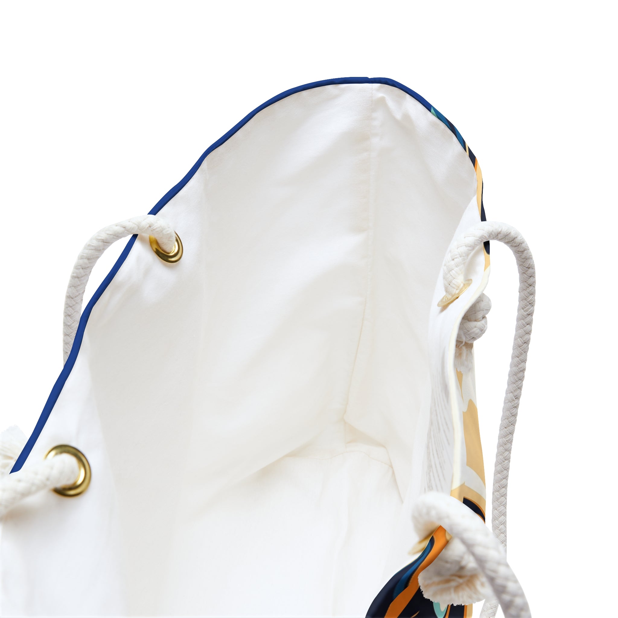 White drawstring bag with blue accents on a white background